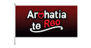 A flag with a maroon background and the text 'Arohatia Te Reo' printed in white. New Zealand flag designed by Flags Group Limited